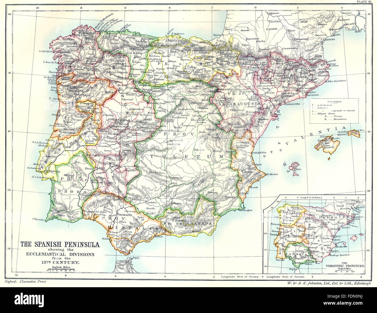 IBERIA: Ecclesiastical divisions 13th century; Visigothic Provinces, 1903 map Stock Photo