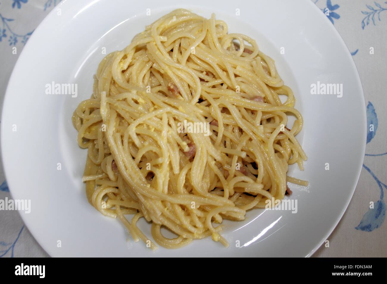 traditional Italian dish, spaghetti pasta called "carbonara" with bacon
