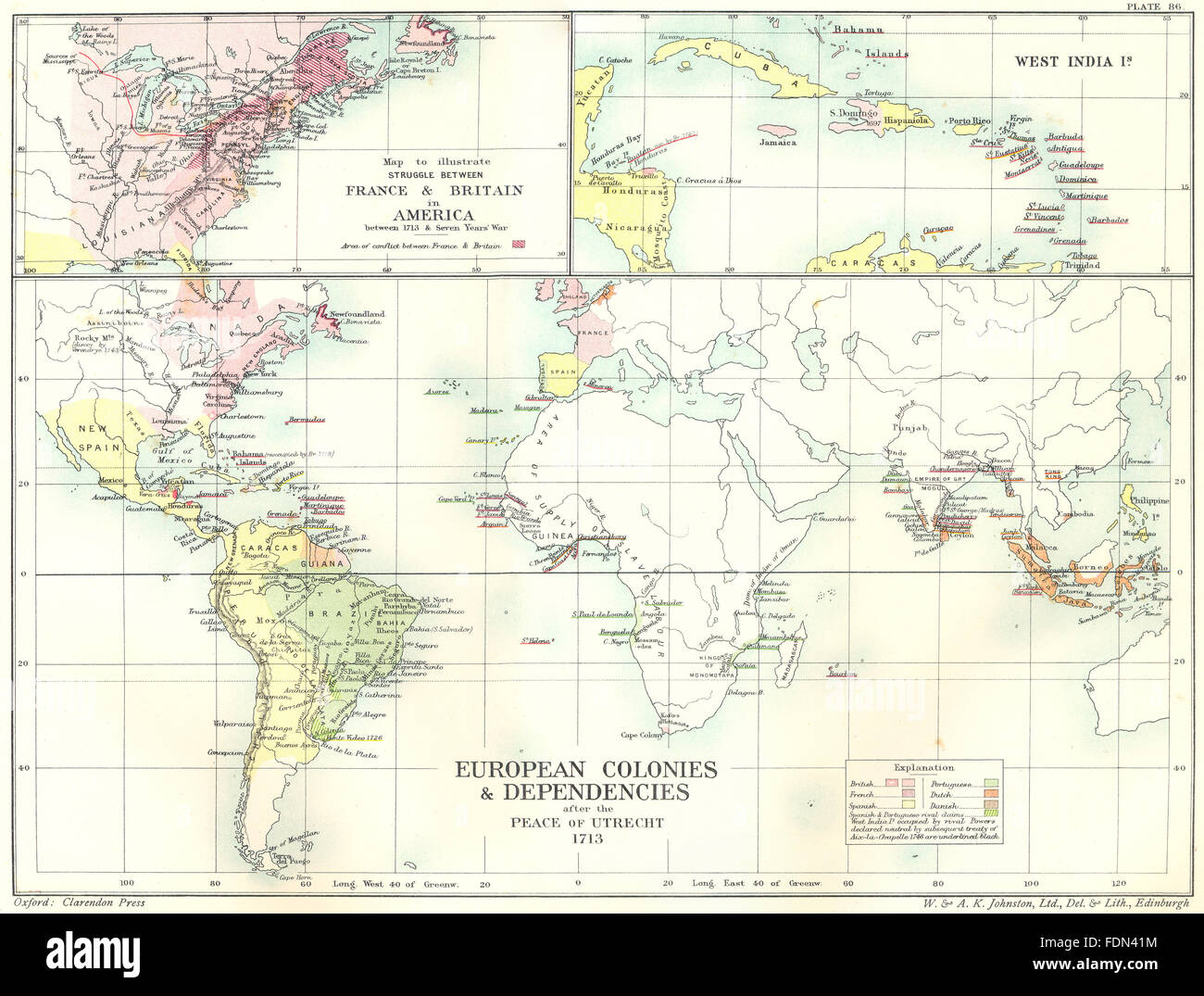EUROPEAN COLONIES:Peace Utrecht 1713; France Britain America;W Indies, 1903 map Stock Photo