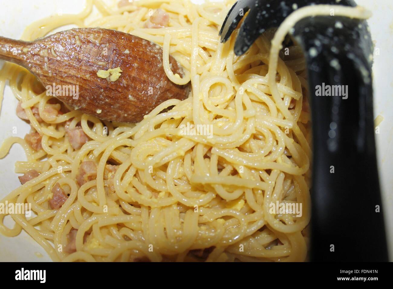 traditional Italian dish, spaghetti pasta called "carbonara" with bacon