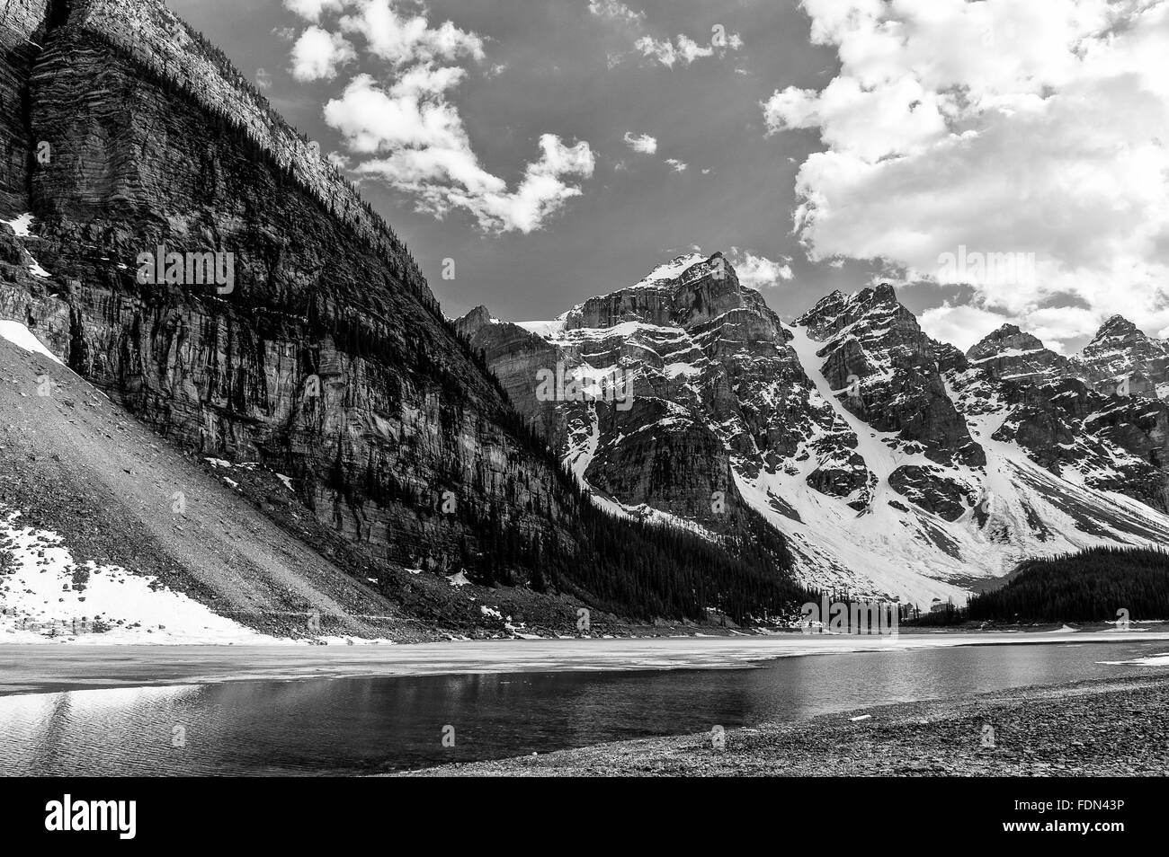Valley of Ten Peaks glaciers close view in Moraine Lake in Banff National Park, Alberta, Canada  'black and white' Stock Photo