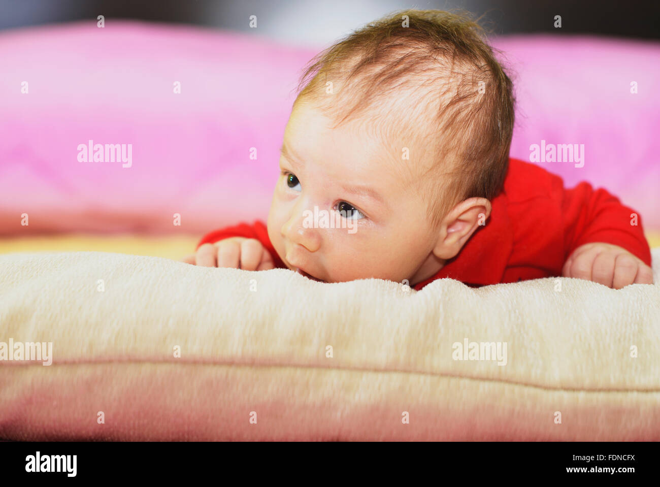 newborn baby lying on his stomach and looking forward Stock Photo