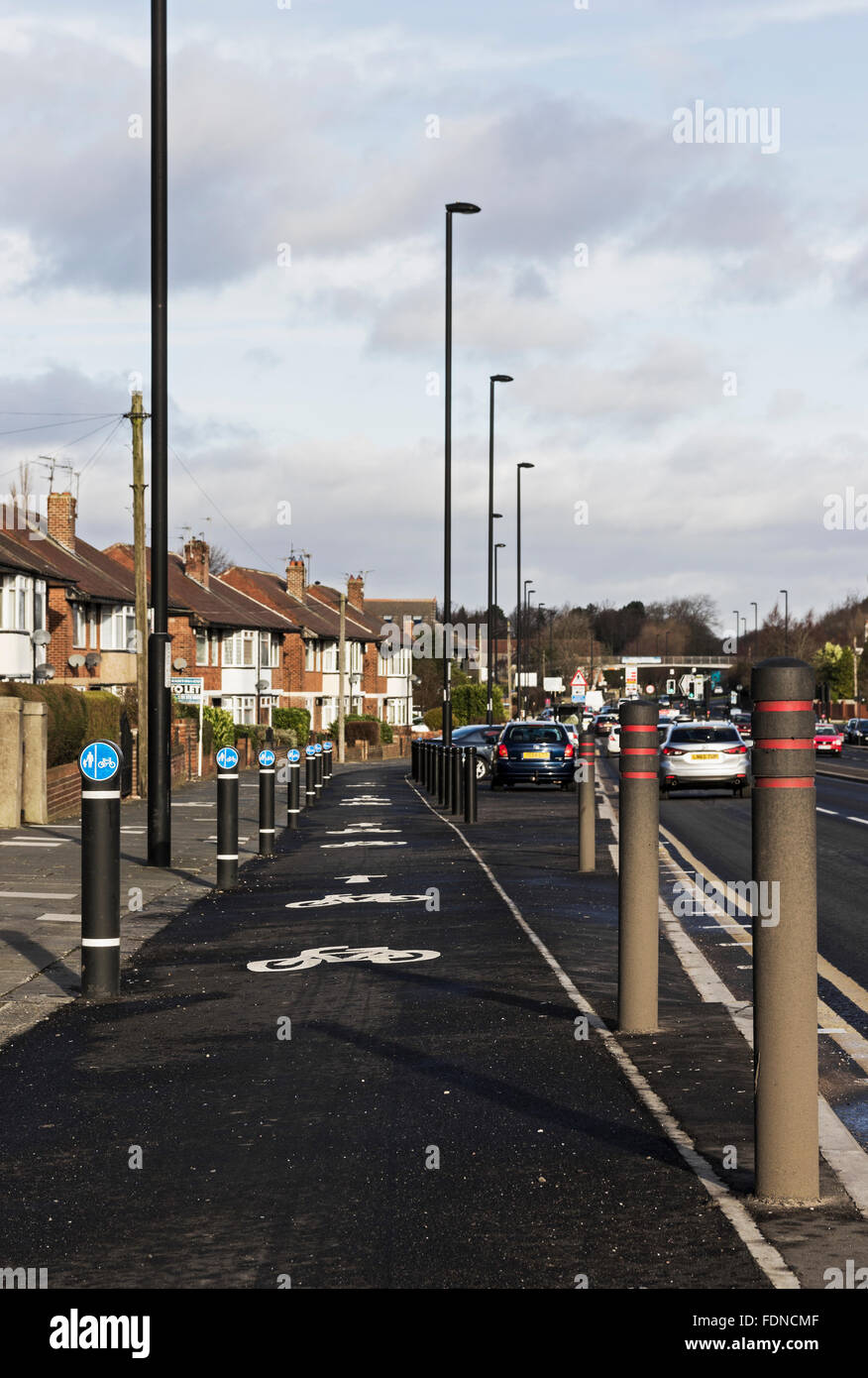 Cycle lane between road and pavement at Gosforth, Newcastle upon Tyne