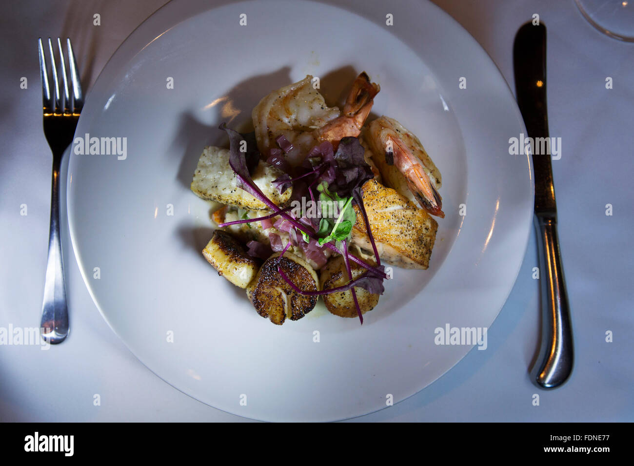 Digby scallops, king prawns and fish served in Halifax, Canada. The