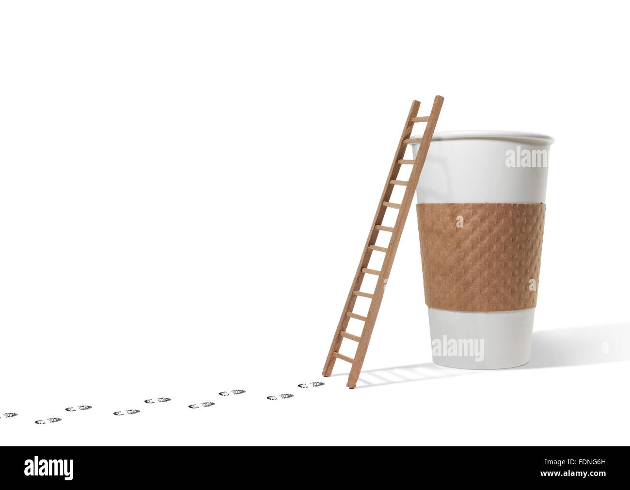 Studio shot of footsteps to ladder and coffee cup Stock Photo
