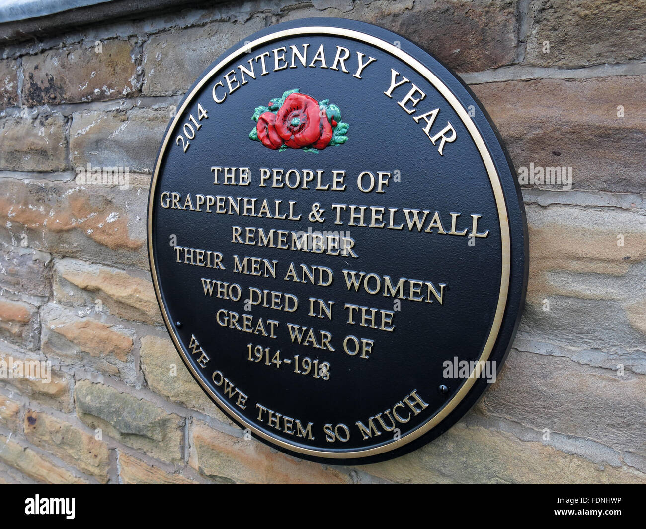2014 Centenary Year Plaque, Grappenhall & Thelwall - Great War 1914-1918, Cheshire, England, UK - Methodist Church Stock Photo