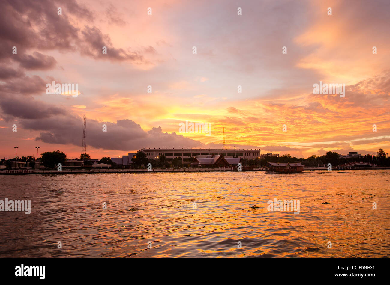 Bangkok, beautiful dramatic sunset on river Chao Phraya Stock Photo