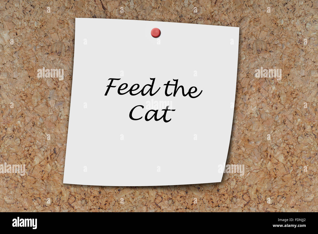 Feed the cat written on a memo pinned on a cork board Stock Photo