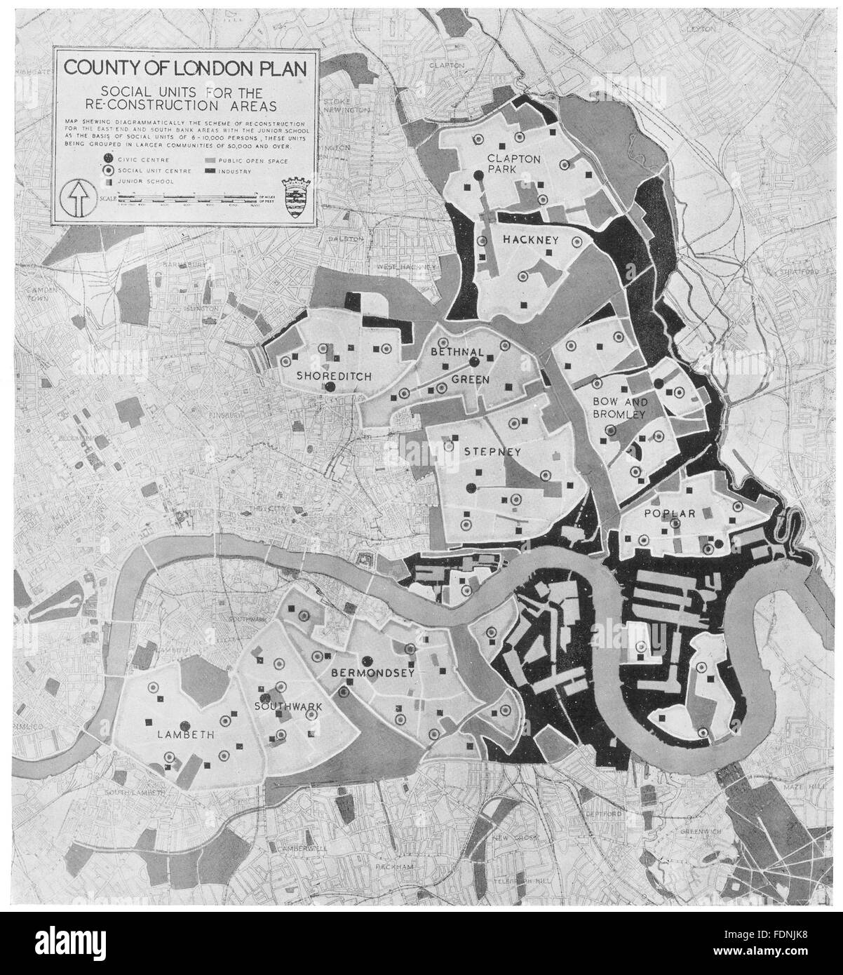 LONDON: East End Post War Reconstruction Areas: A Social Framework , 1943 map Stock Photo