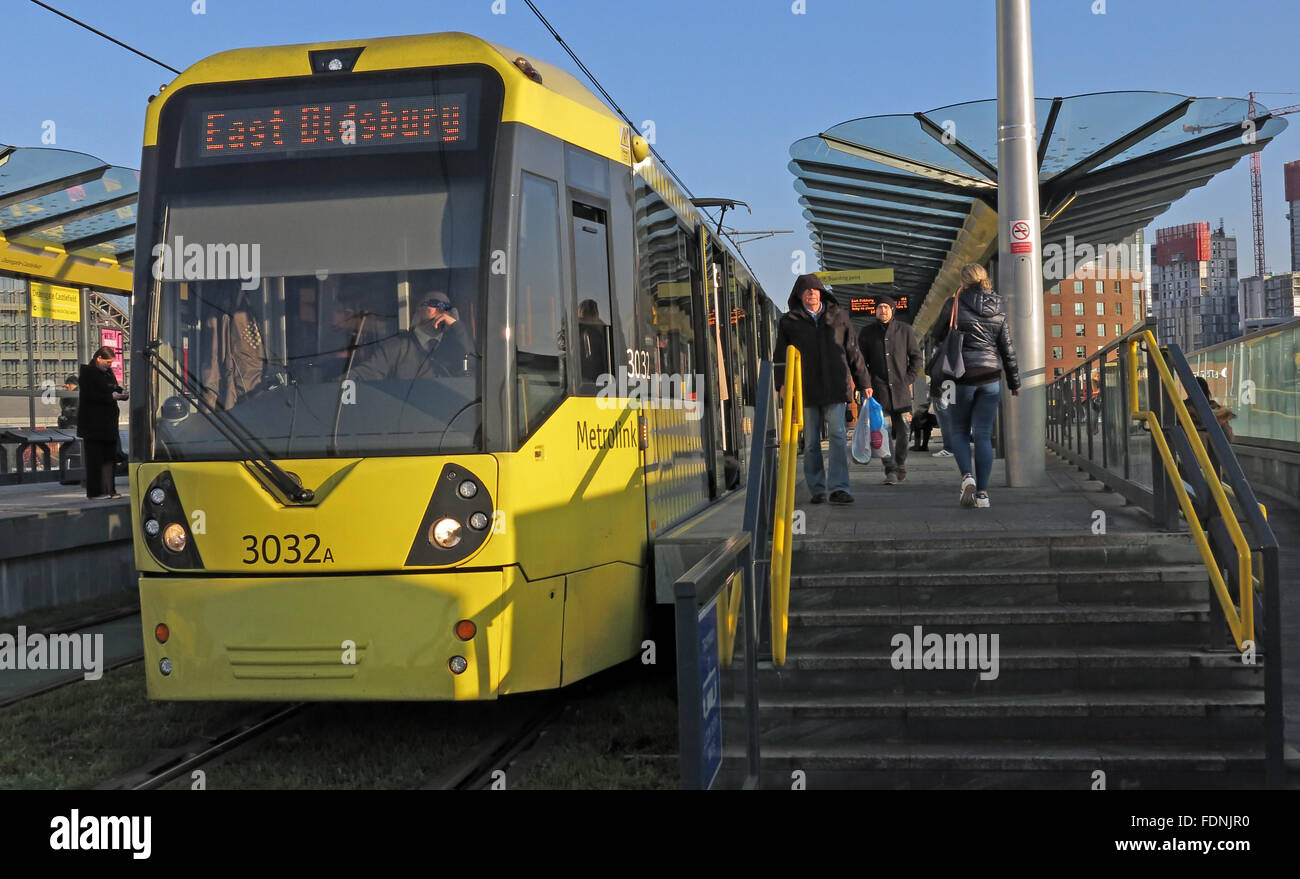 East Didsbury Metrolink Tram, Castlefield,Deansgate,Manchester,England,UK Stock Photo