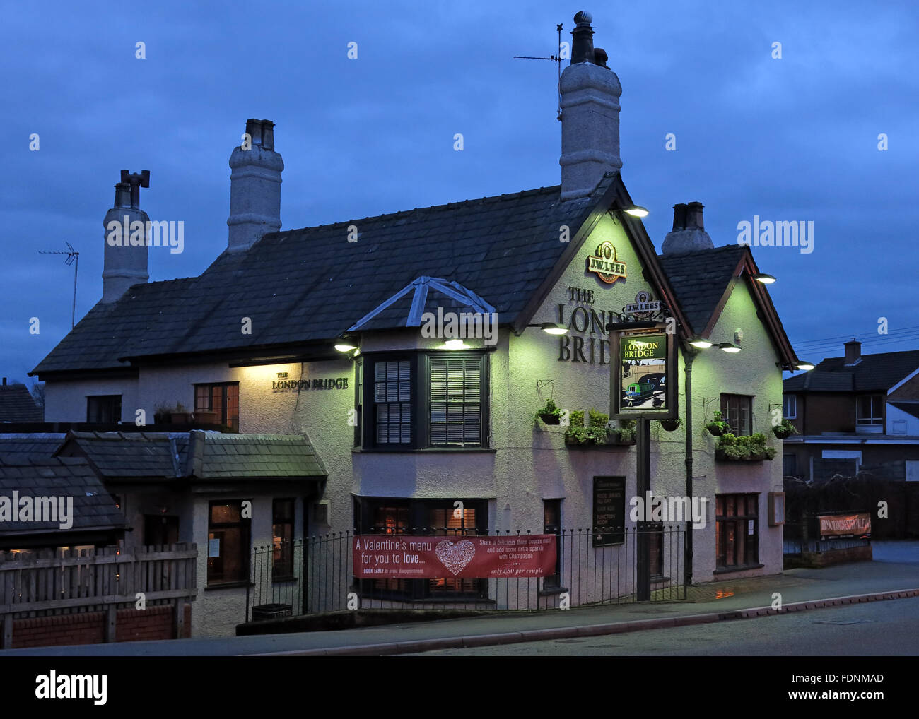 The London Bridge Pub,Stockton Heath,Warrington, At Night,Cheshire,England,UK Stock Photo