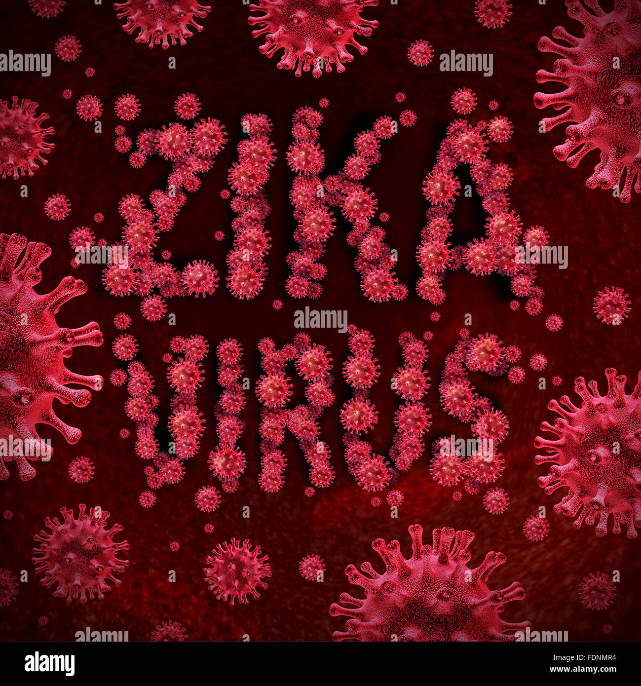 Zika virus concept as a conceptual group of viral cells forming text that represents the infection of the disease that may cause health problems related to pregnancy as a medical concept for public health risks and infection. Stock Photo