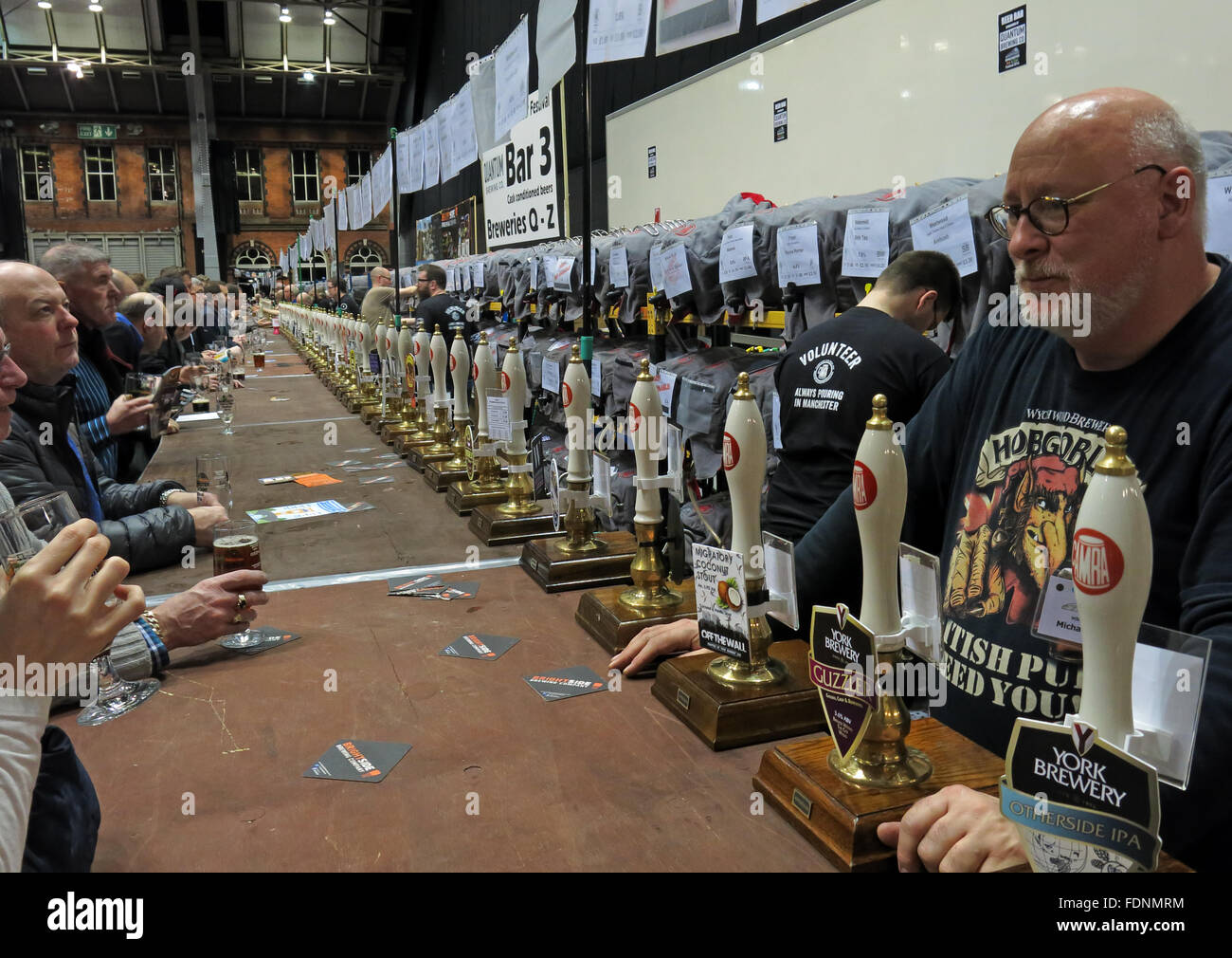 At the bar of the Manchester Central CAMRA winter beer festival 2016, Lancs,England, UK Stock Photo