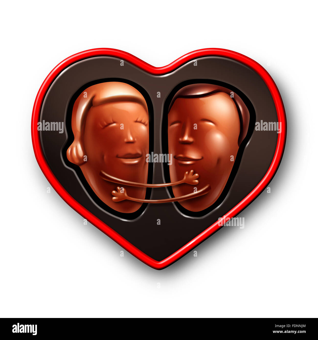 Happy couple in love concept as two lovers made of chocolate candy in a valentines day gift box embracing and hugging together as a relationship symbol and a cute valentine icon. Stock Photo