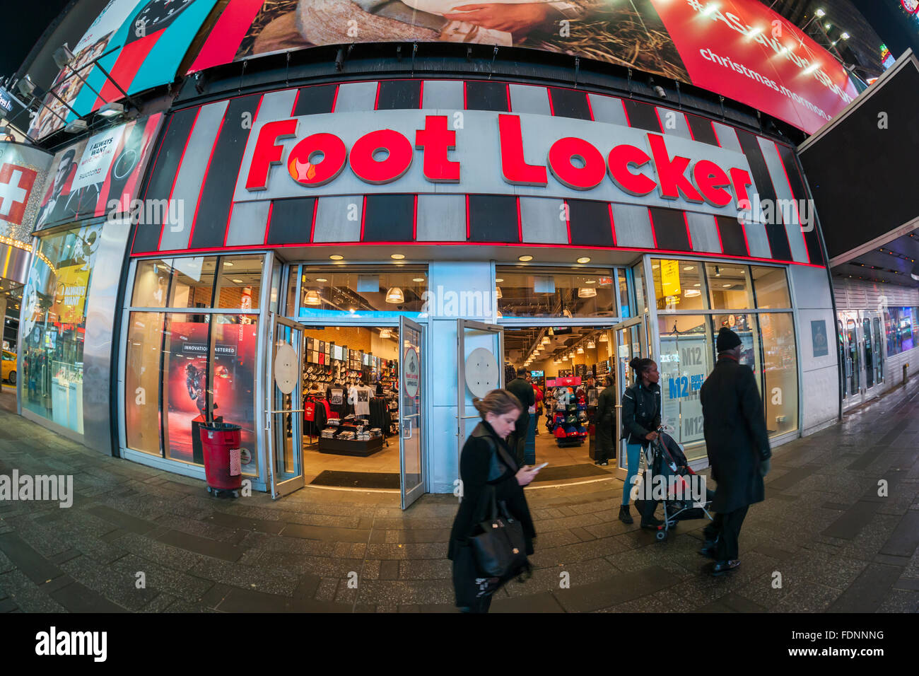 A Foot Locker store in Times Square in New York is seen on Tuesday, January 26, 2016.  The store will close, along with Toys R Us (already closed), Swatch and other tenants as 1514 Broadway replaces its original tenants dating back to the restoration of Times Square. The retail spaces will be occupied by Gap and Old Navy. Toys R Us, from 2000, was paying approximately half of what the property can lease for now. (© Richard B. Levine) Stock Photo