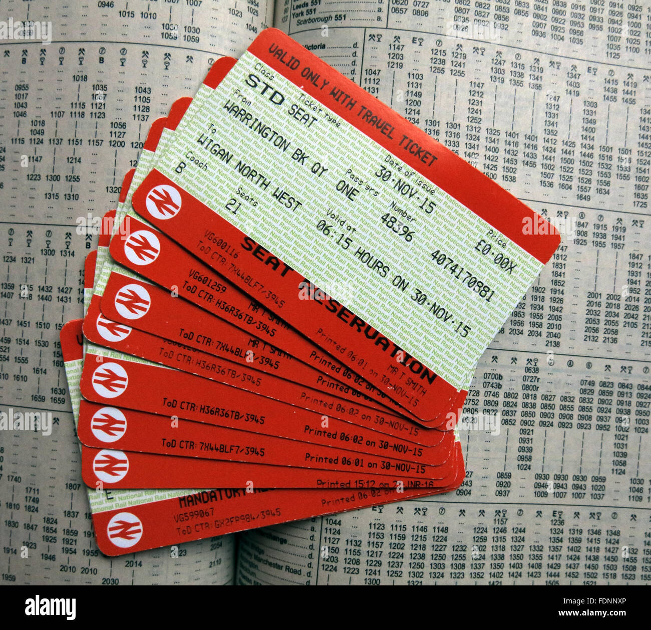 British Rail train Tickets on a timetable, England,UK Stock Photo