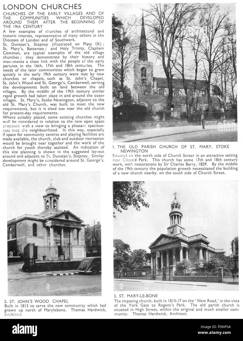 LONDON CHURCHES:N:St Mary,Stoke Newington;St John's Wood Chapel;Marylebone, 1943 Stock Photo