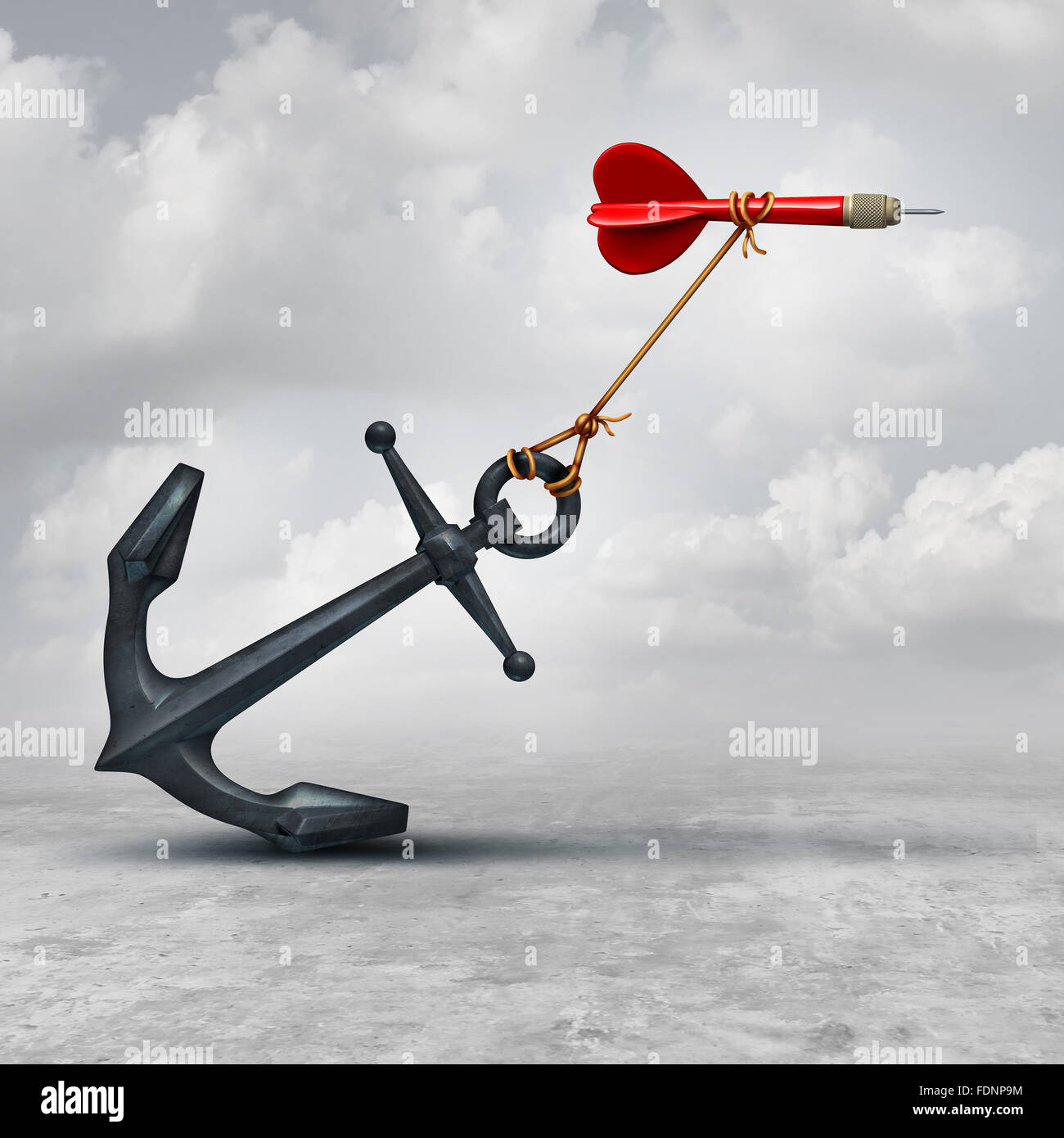 Challenges in business as a dart being slowed down by a heavy anchor as an adversity metaphor and symbol or overcoming a handicap to achieve your goal to reach the target. Stock Photo