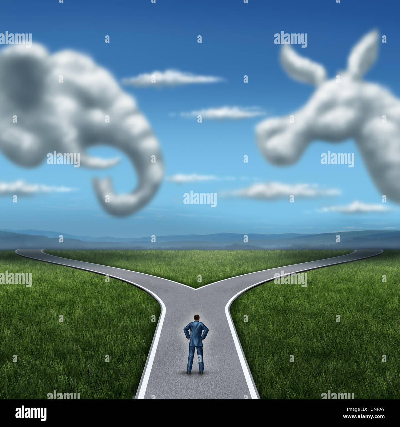 Republican versus democrat concept American election campaign fight as two clouds shaped as an elephant and donkey symbol with a voter on a cross road dilemma for the vote of the United states for an election win. Stock Photo