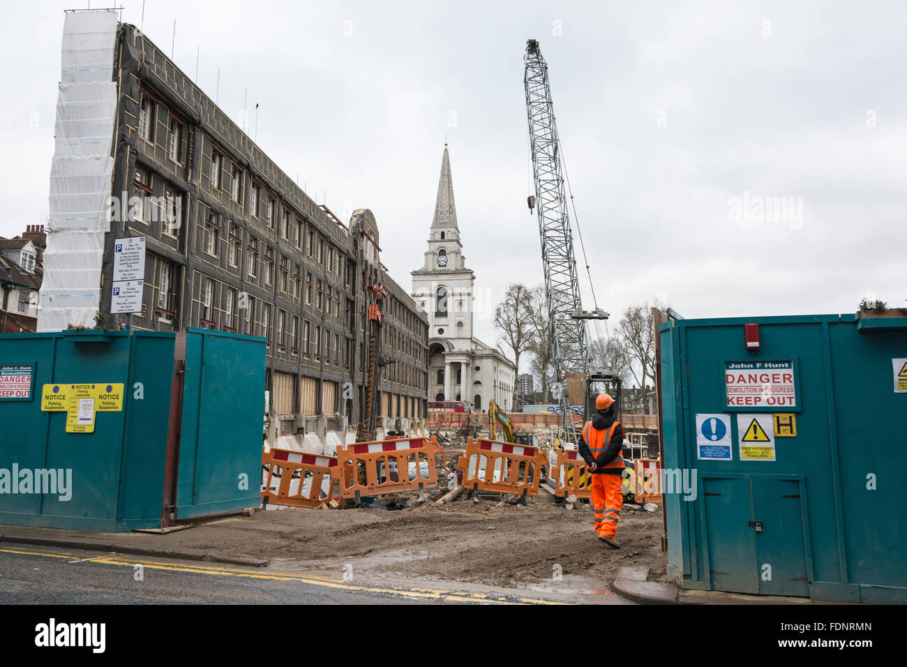 Remaining facade of The London Fruit and Wool Exchange building, Brushfield street, (opposite Spitalfields Market), London, UK. Stock Photo