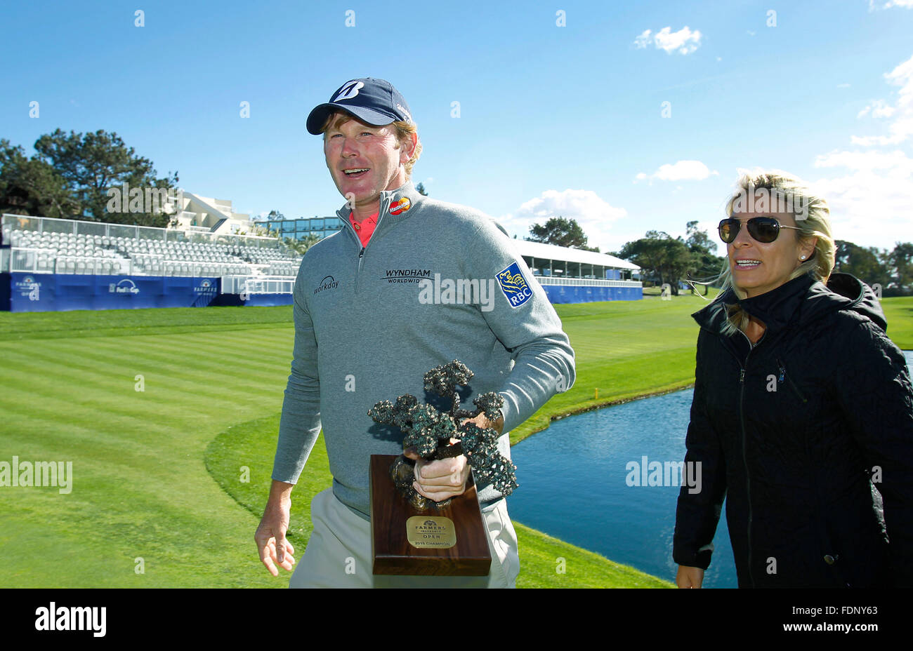 San Diego, CA, USA. 1st Feb, 2016. SAN DIEGO, CA -FEB 1, 2015 - | Brandt Snedeker, who didn't play on Monday, won the Farmers Insurance Open. Snedeker finished before a weather delay on Sunday with a 6 under, shown here with his wife Mandy. Credit:  K.C. Alfred/U-T San Diego/ZUMA Wire/Alamy Live News Stock Photo