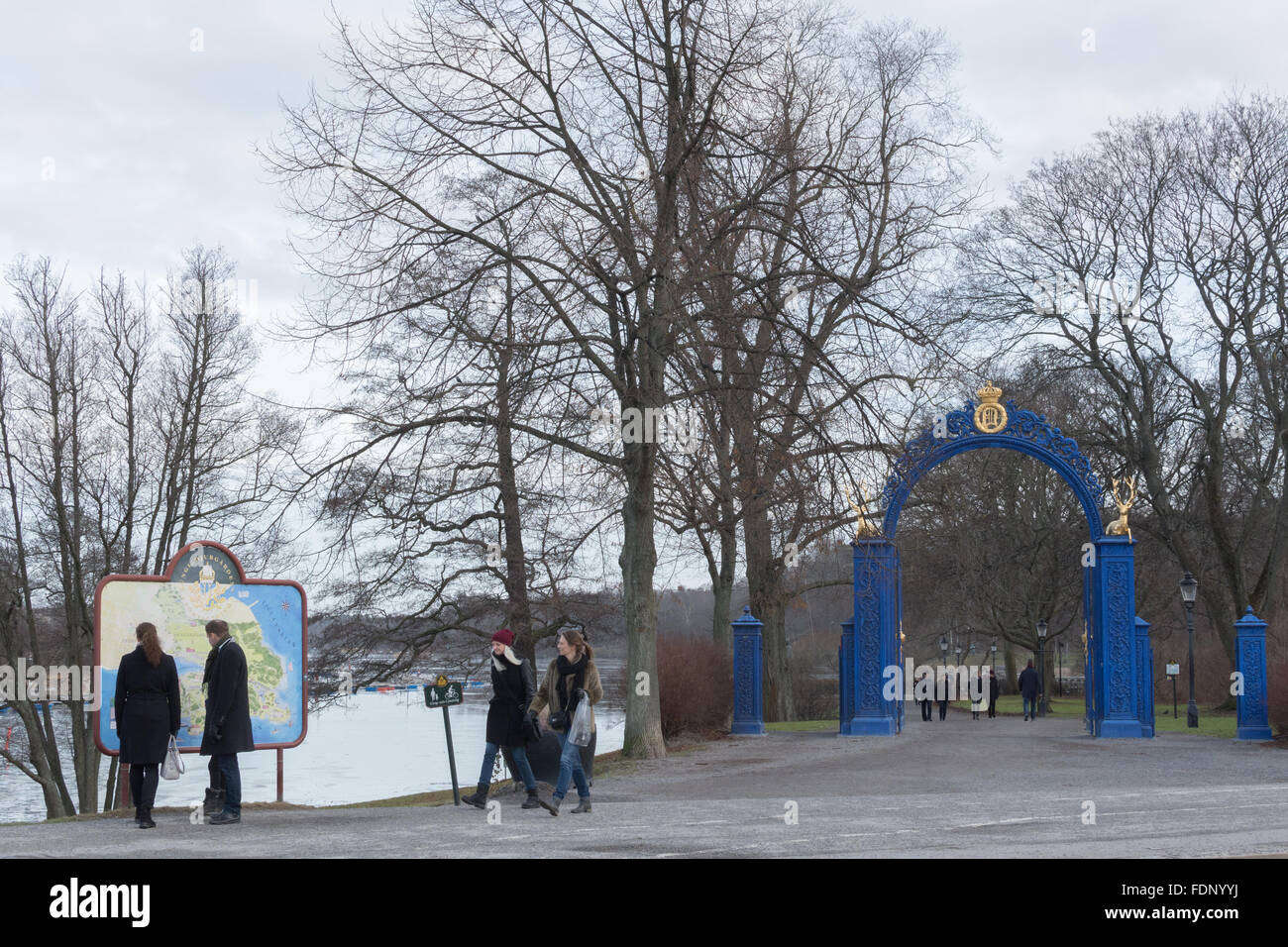 Entrance to Djurgarden public park in winter - Stockholm, Sweden Stock Photo