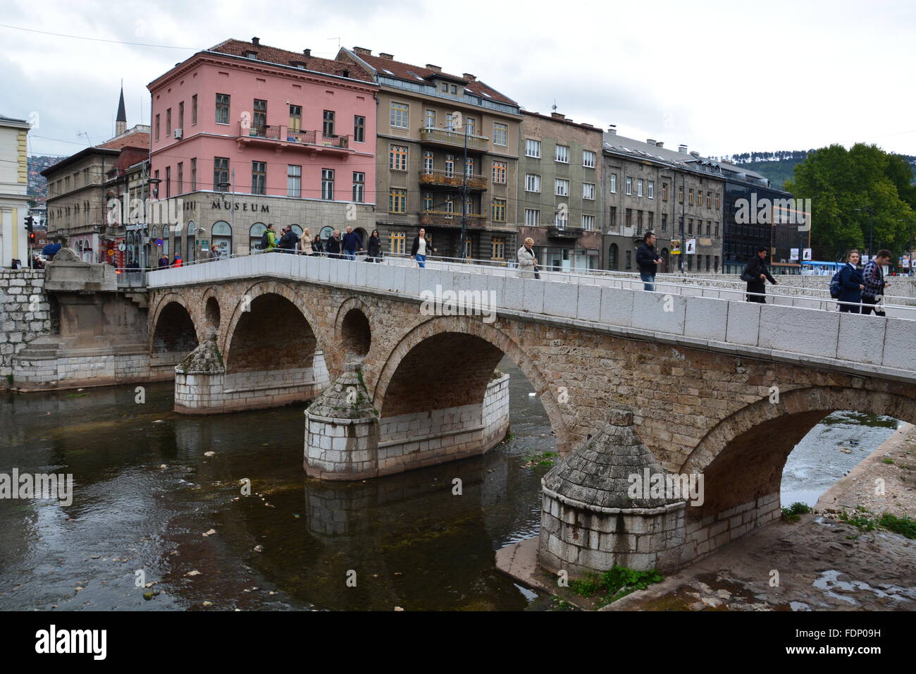 The Latin Bridge in Sarajevo was the site Franz Ferdinand was assassinated, kicking off the First World War in 1914. Stock Photo
