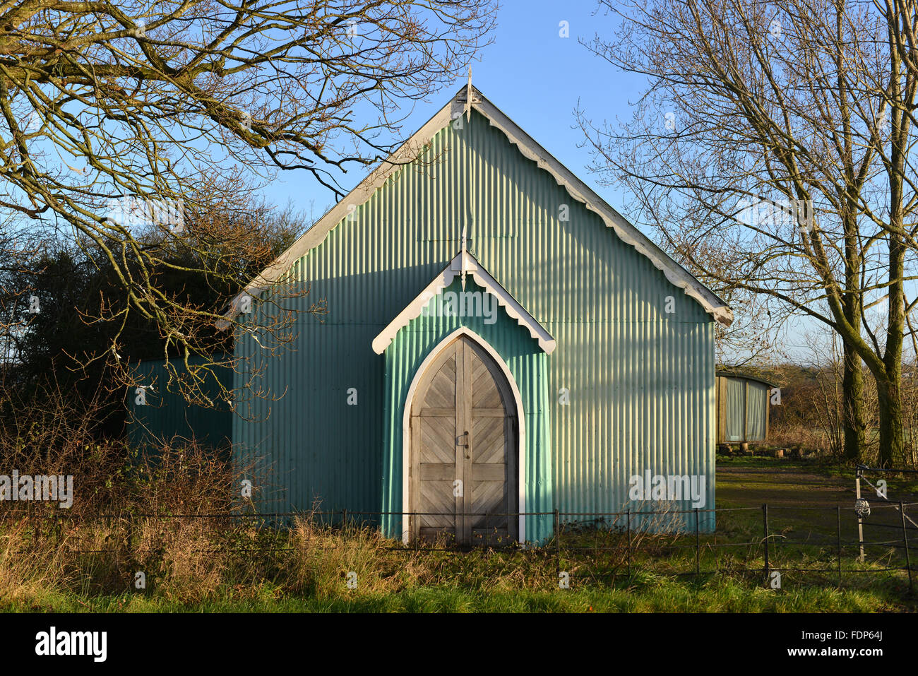 Tin Tabernacle, UK. Corrugated metal rural church Stock Photo