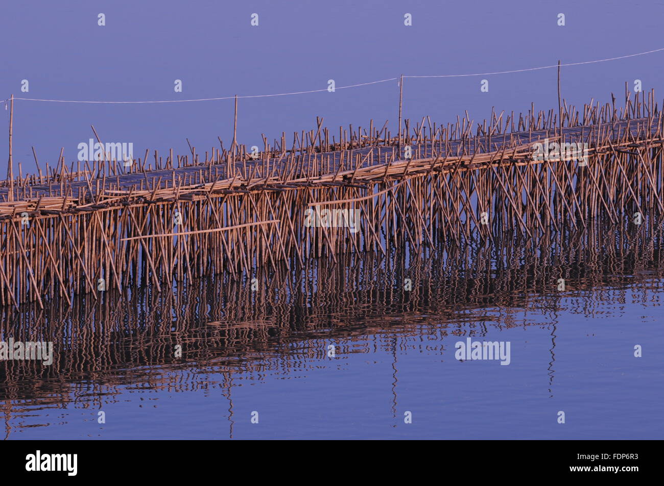 The Bamboo Bridge reflecting on the Mekong River, Kampong Cham, Cambodia. © Kraig Lieb Stock Photo