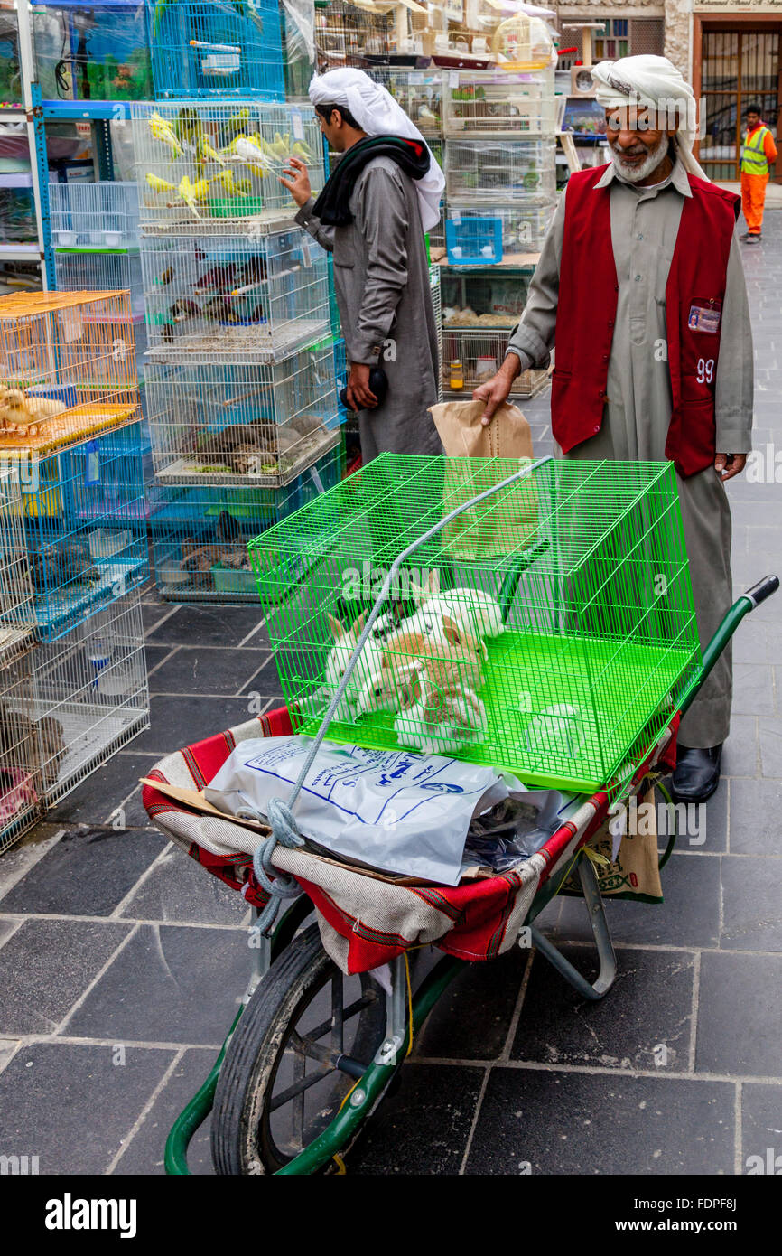 A Market Porter Prepares To Transport Caged Pets For A Customer, Souk Waqif, Doha, Qatar Stock Photo