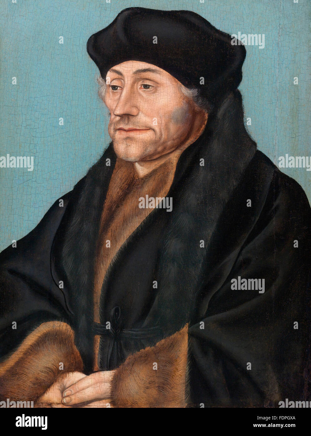 Erasmus Renaissance philosopher Desiderius Erasmus Roterodamus, of Rotterdam, portrait painting by Lucas Cranach after Hans Holbein Stock Photo