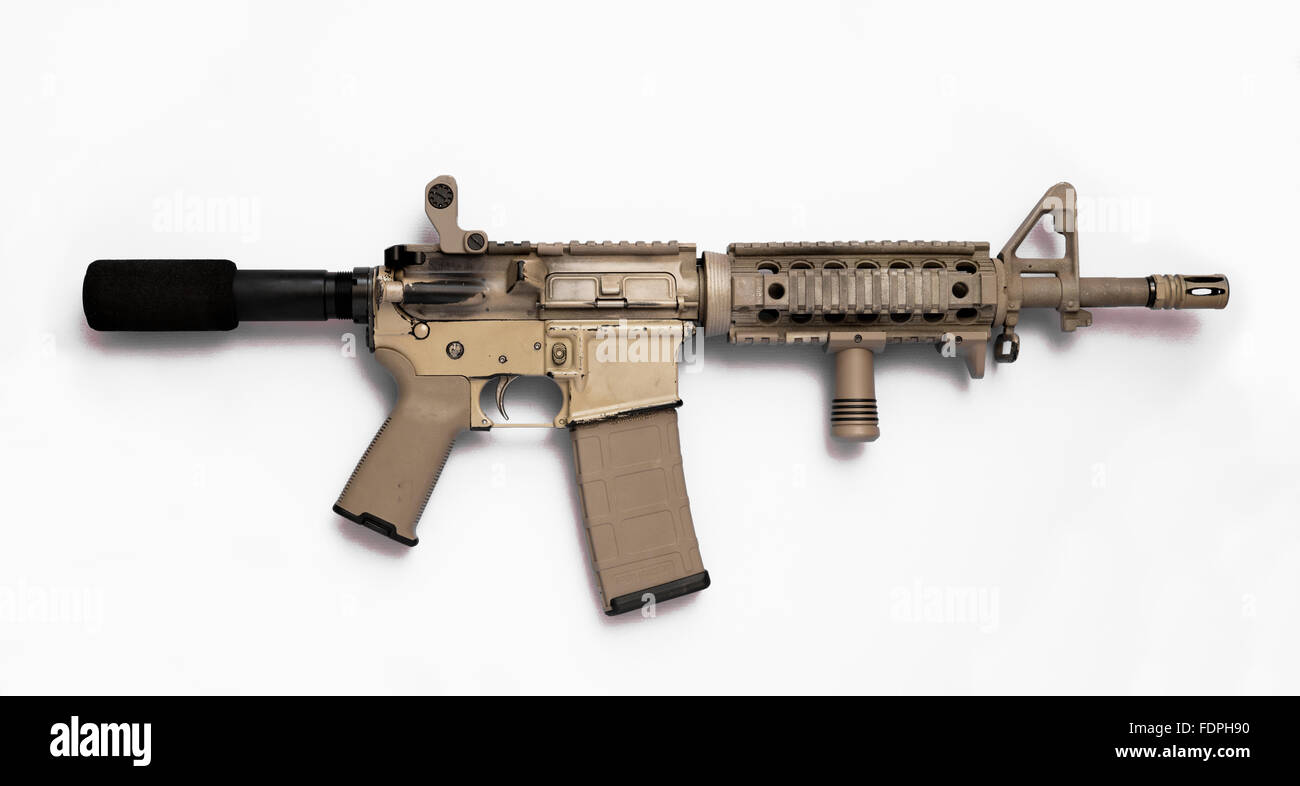 AR-15 assault rifle pistol with high capacity magazine and forward vertical grip. Stock Photo