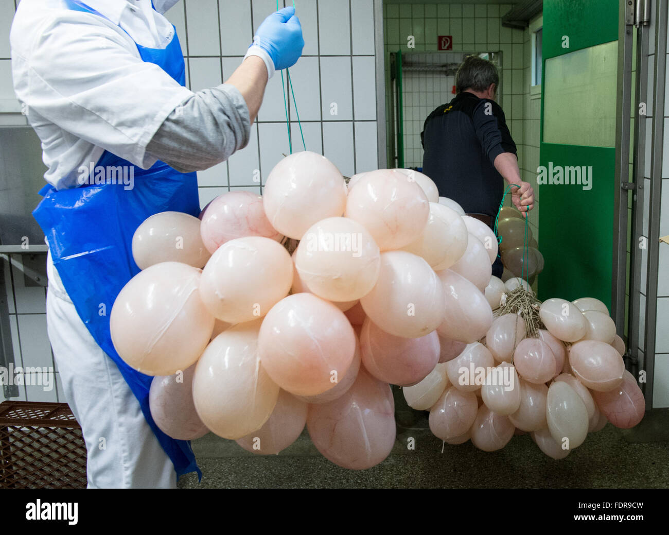 Two butchers carrying a bunch of 'Saubloderle', a pig bladder, Elzach