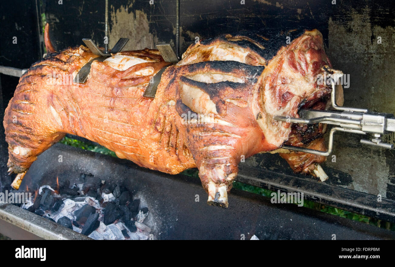 Spit roasted pig pork on a barbecue BBQ Stock Photo