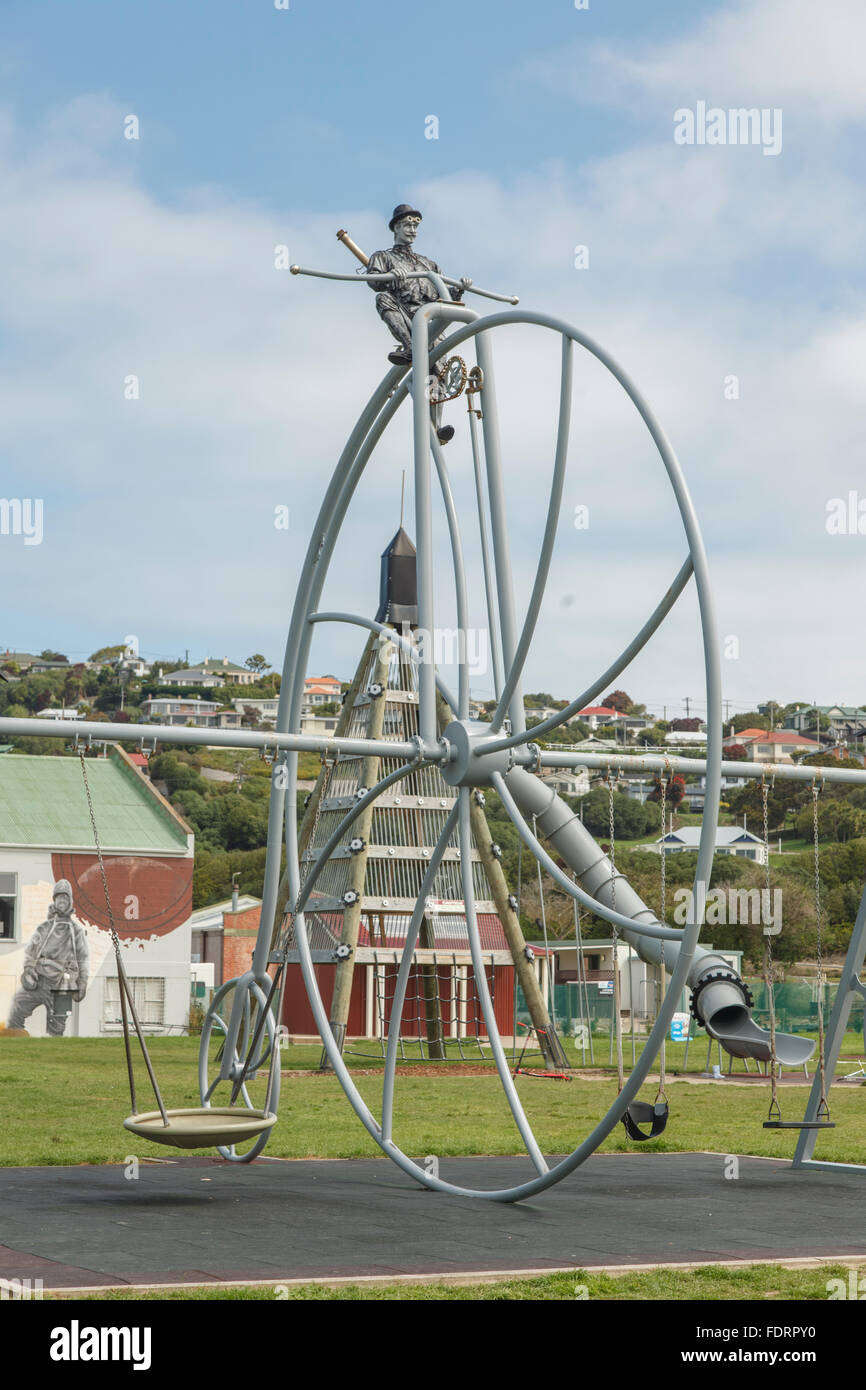Penny farthing bicycle sculpture at Harbour tourist Park Oamaru, North Otago,South Island,New Zealand Stock Photo