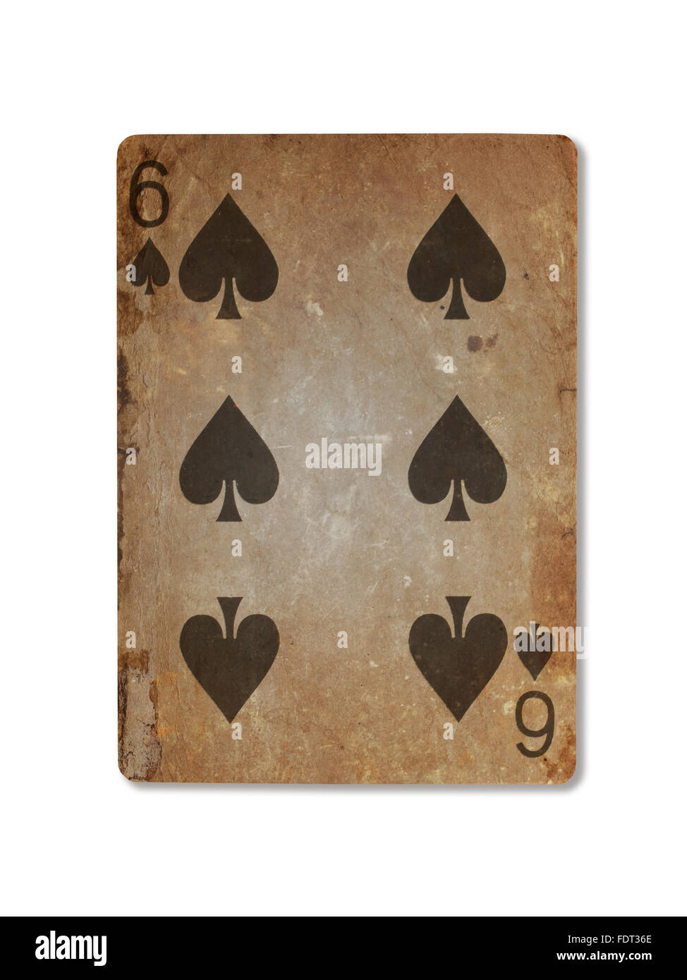 Very old playing card isolated on a white background, six of spades Stock Photo