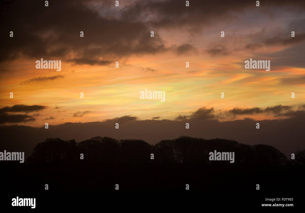 Barnard Castle, Teesdale, County Durham, UK Weather, 2nd February 2016.  As Storm Henry begins to move away from northern Britain, rare Nacreous clouds, also known as Mother-of-Pearl clouds appeared just before dawn. These are caused by sunlight diffracting as it passes through ice crystals high in the atmosphere. Credit:  David Forster/Alamy Live News Stock Photo