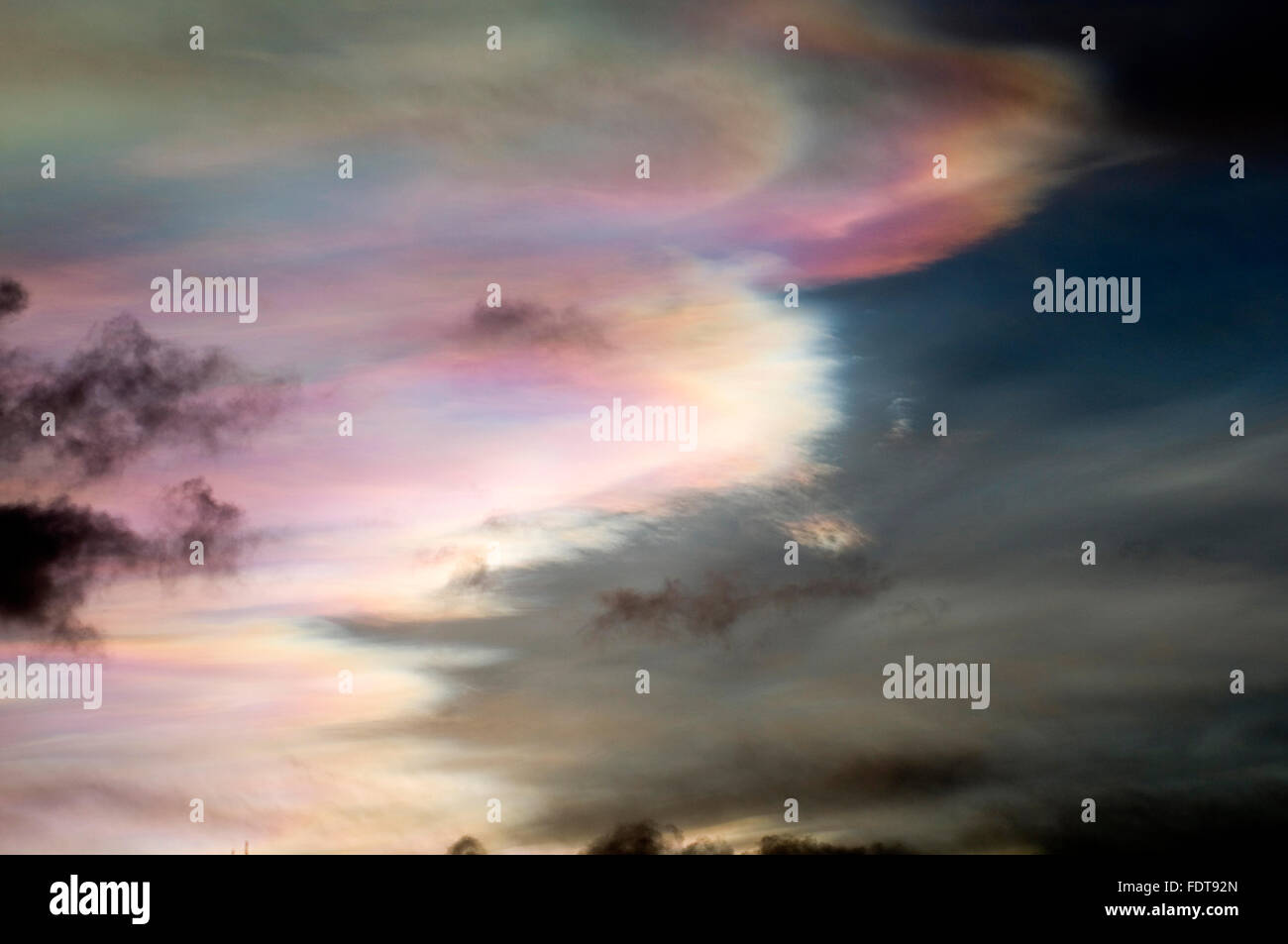 York, UK. 2nd February, 2016. UK weather. Nacreous clouds unusual rainbow clouds over york uk after storm henry Credit:  picturesbyrob/Alamy Live News Polar stratospheric Stock Photo