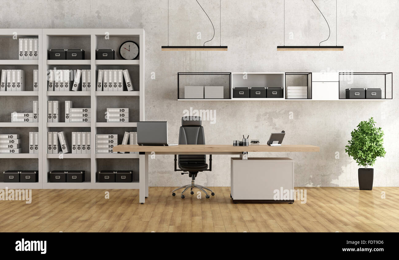Black and white modern office with desk and bookcase - 3D Rendering ...
