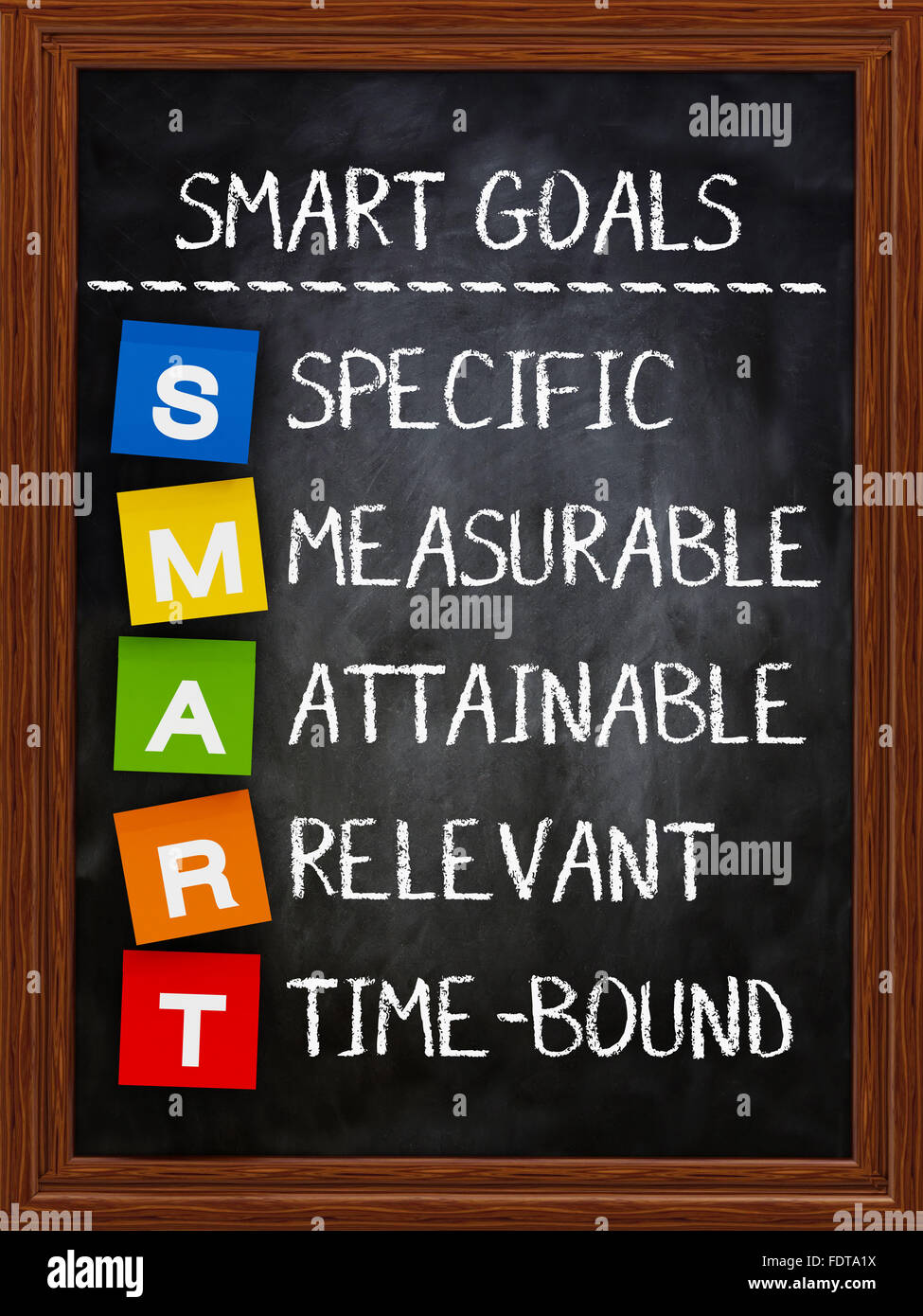 Smart goals written with chalk on vertical blackboard Stock Photo