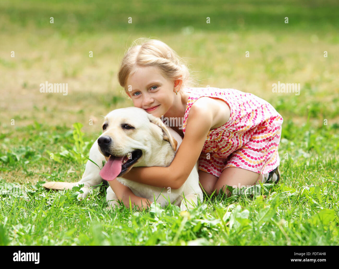 A little blond girl with her pet dog outdooors in park Stock Photo - Alamy
