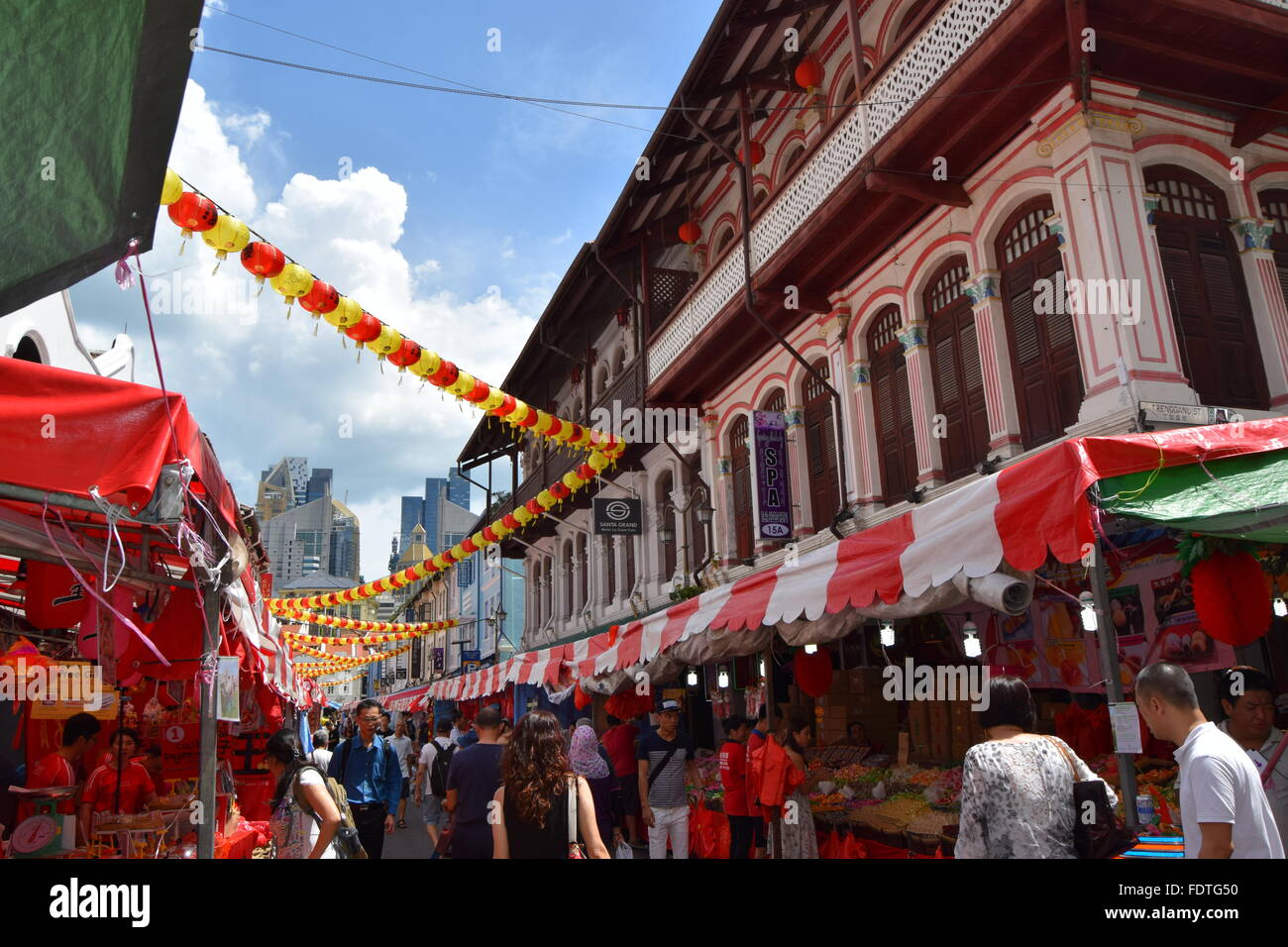 Colourful street scene in Chinatown Singapore during Chinese New Year Stock Photo