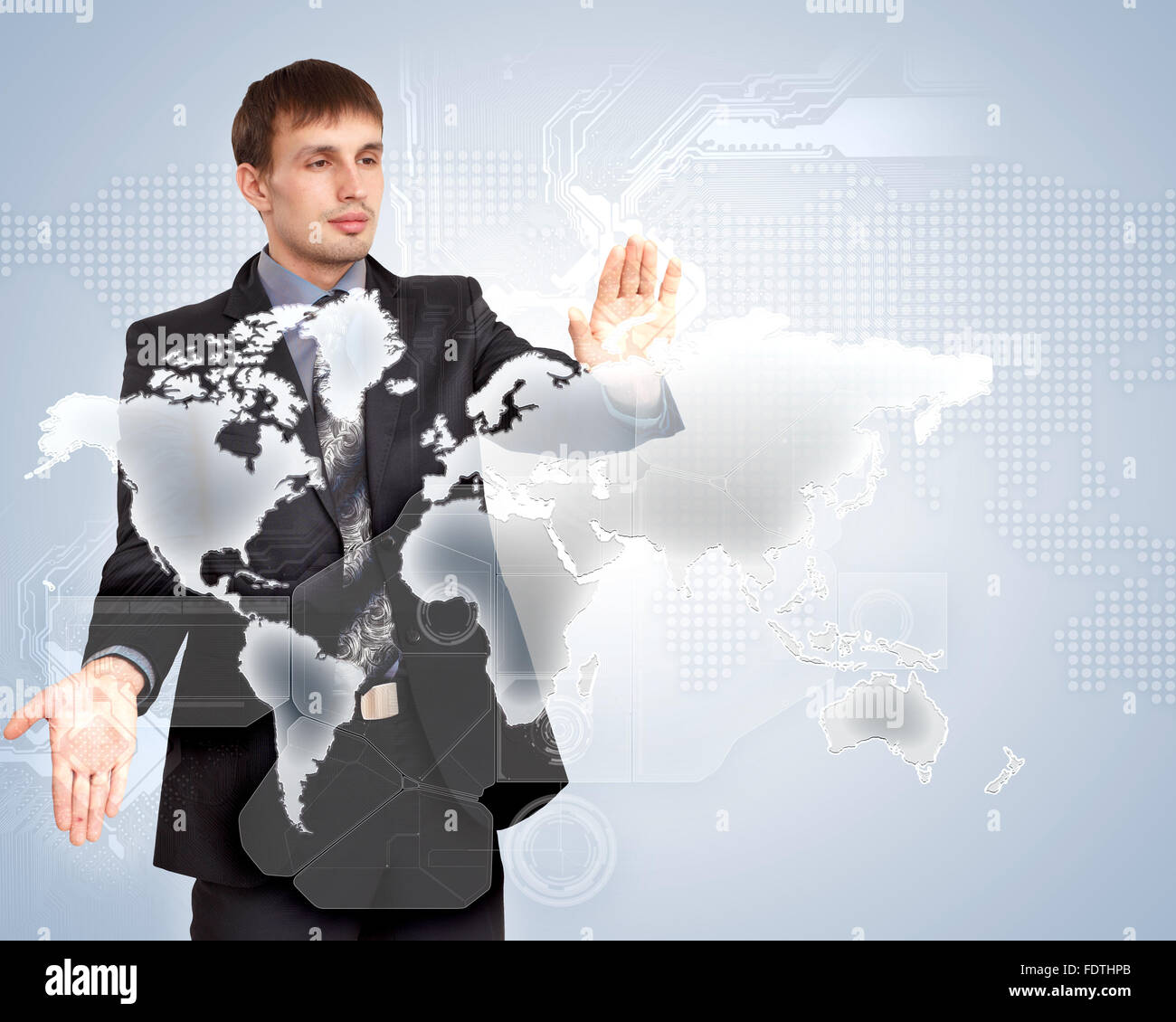 Modern Business World, A businessman navigating virtual world map Stock ...