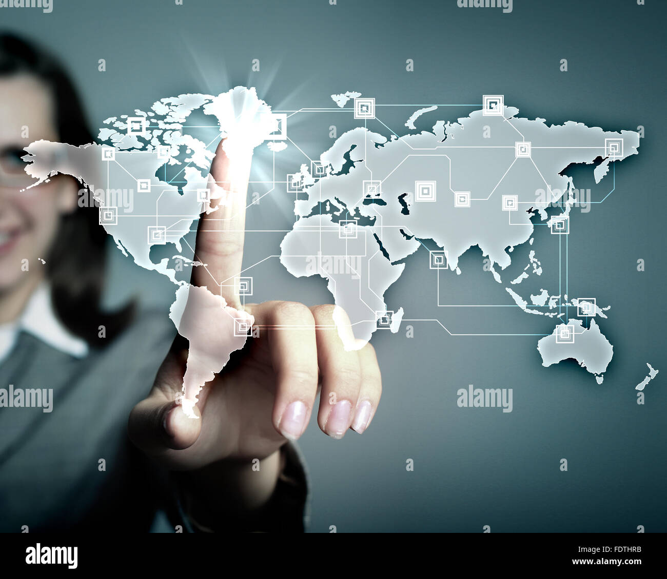 Modern Business World, A businessman navigating virtual world map Stock Photo - Alamy
