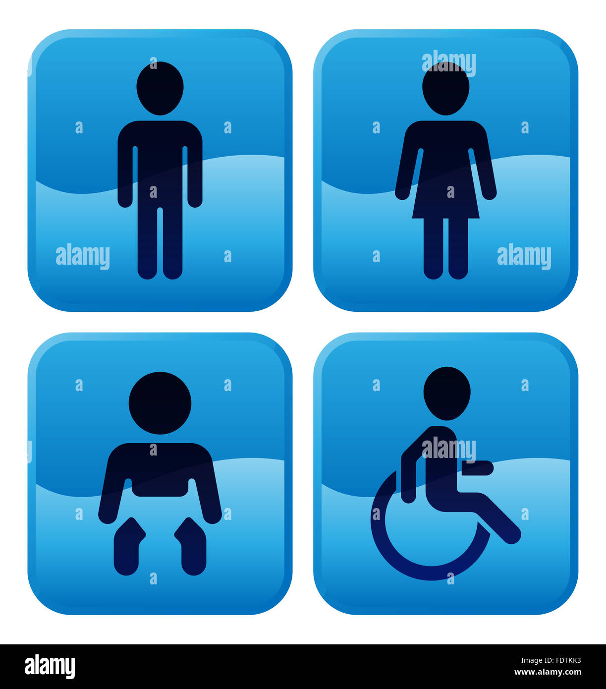 Toilet or restroom signs for, male and female, baby changing room and accessible Stock Photo