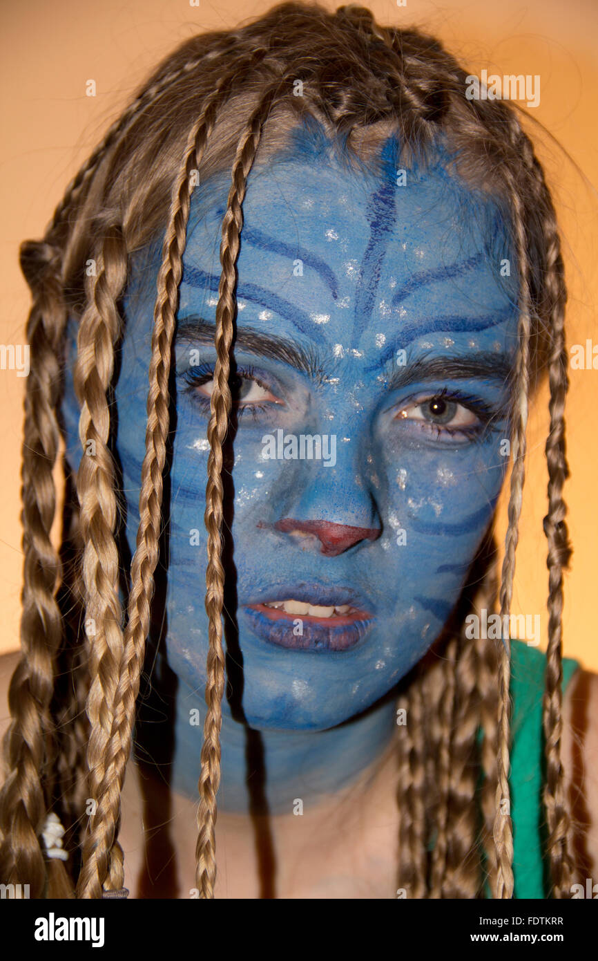 Berlin, Germany, Girl makeup like in the movie Avatar Stock Photo