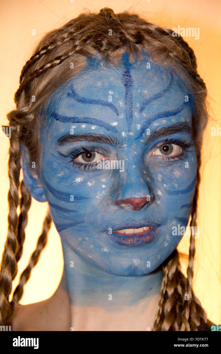 Berlin, Germany, Girl makeup like in the movie Avatar Stock Photo