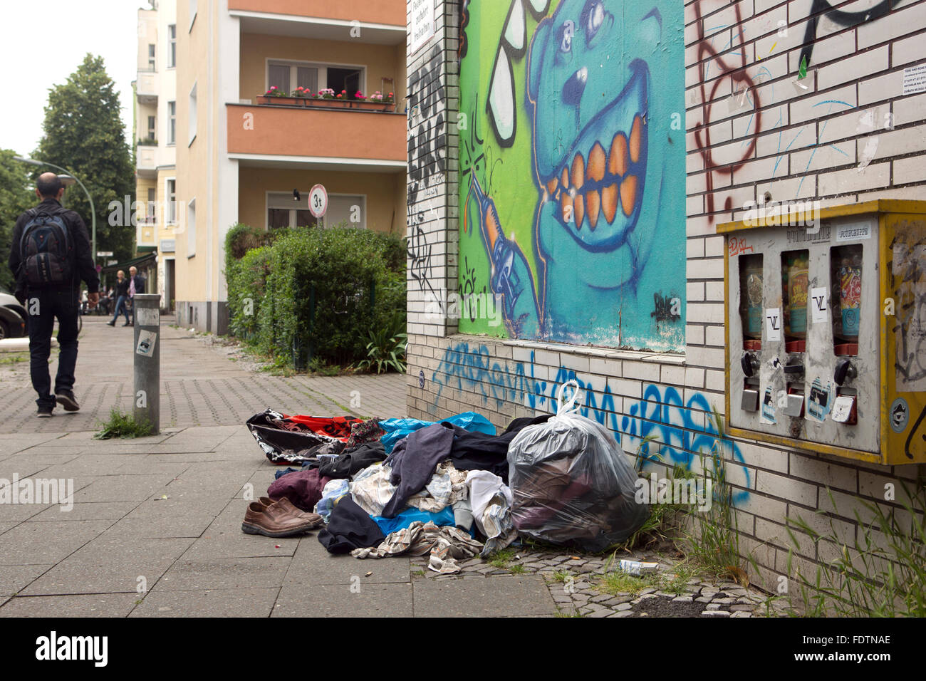 Berlin, Germany, clothes on the sidewalk in BerlinNeukoelln Stock