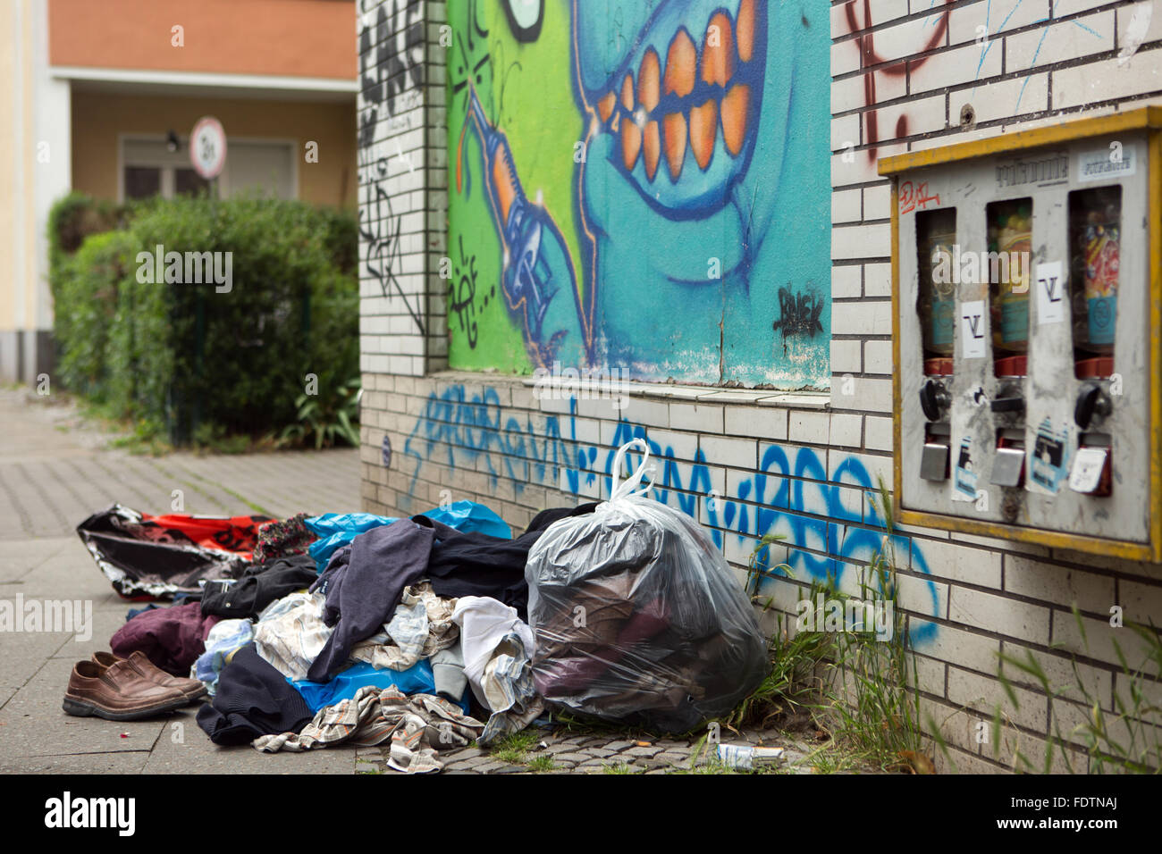 Berlin, Germany, clothes on the sidewalk in BerlinNeukoelln Stock