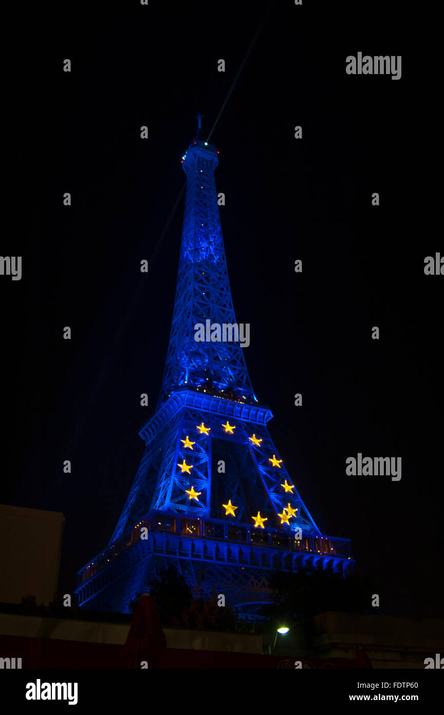 Tour Eiffel blue lighted for French presidency of the European Union Paris France Stock Photo
